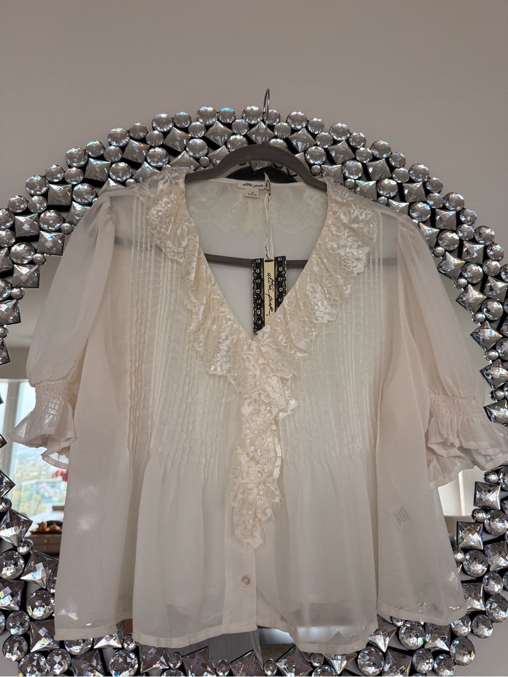 Sheer Ivory Lace-Trim Blouse